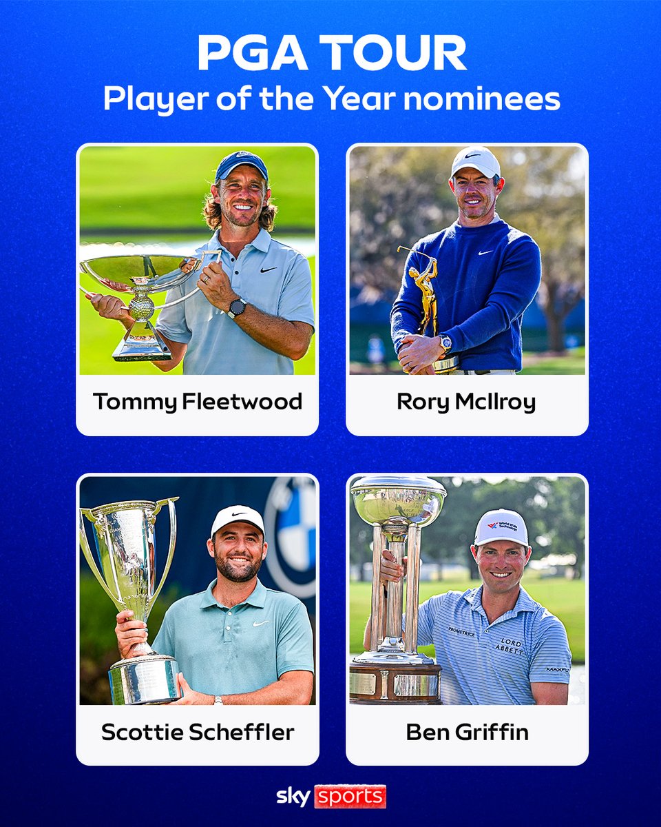 SkySportsGolf's tweet image. Rory McIlroy, Scottie Scheffler, Tommy Fleetwood and Ben Griffin are on the four-player shortlist for the PGA Tour’s Player of the Year award 🏆