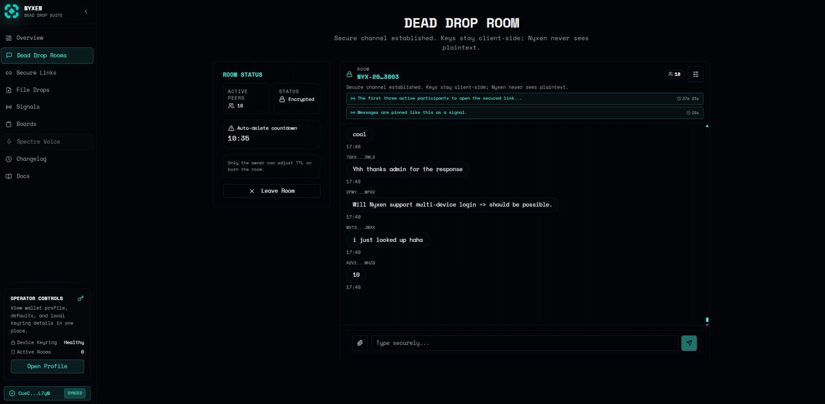 Dead Drop Room AMA was a huge success.

We had 20 unique users chatting simultaneously, with many more jumping in and out. Got incredible feedback on fine tuning the room experience, exactly what we wanted at this stage.

Big win for Nyxen.

We’ll keep pushing this toward the