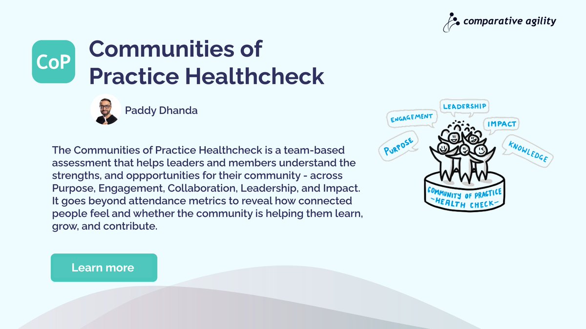 CompAgility's tweet image. Communities of Practice are powerful engines of learning, collaboration, and culture — but their true value often goes unmeasured.

The new Communities of Practice Healthcheck, created by @PaddyDhanda, helps teams understand how their community is really functioning across…