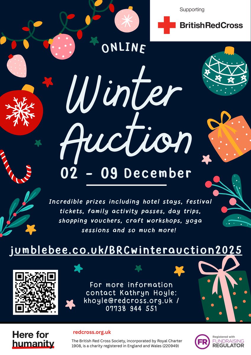 EventsRedCross's tweet image. Last day to bid! 📢

Time’s running out to grab a festive treat and support a great cause. Your bid helps us reach people in crisis, here in the UK and around the world.
❤️ Check out the final bids: jumblebee.co.uk/BRCwinteraucti…
#WinterAuction #britishredcross