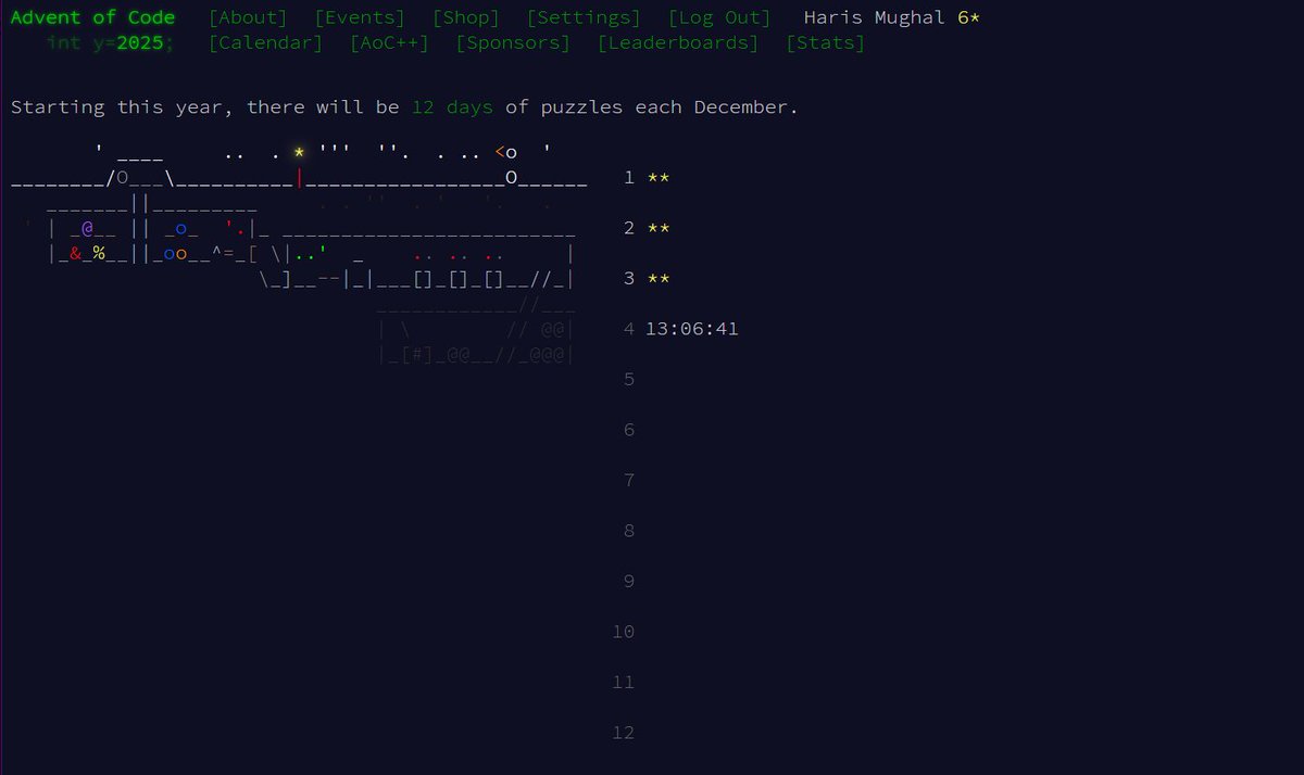 iamharisahsan's tweet image. I&apos;ve completed &quot;Lobby&quot; - Day 3 - Advent of Code 2025 adventofcode.com/2025/day/3 

@ericwastl 

#AdventOfCode