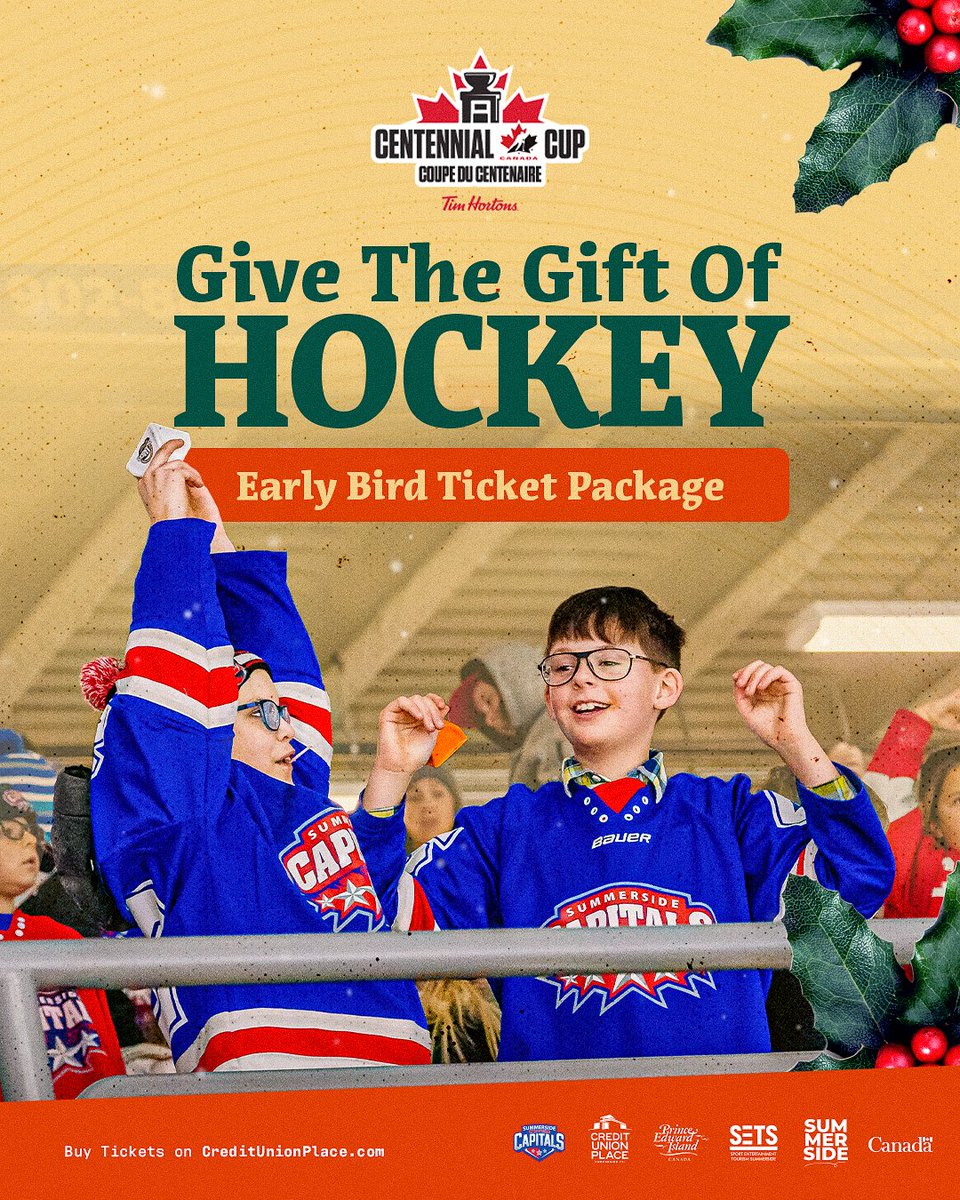 Give the Gift of Hockey! 🎁

Save $50 on event passes for the '26 Centennial Cup—early bird pricing ends Dec. 31, 2025.

🔗sside.ca/CentennialCup-…

#SETS | #CUPEvents | #ItAllHappensHere | <a href="/SsideCapitals/">Summerside Capitals</a> | <a href="/summersidePEI/">City of Summerside</a> | <a href="/tourismpei/">TourismPEI</a> | <a href="/HockeyPEI/">Hockey PEI</a> | <a href="/HockeyCanada/">Hockey Canada</a> | <a href="/TimHortons/">Tim Hortons</a>