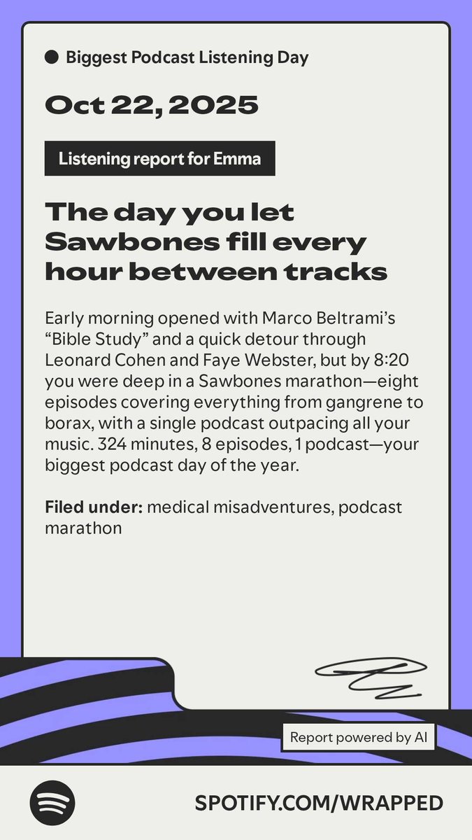 WychOne_'s tweet photo. I’m surprised TheDoo and GBSN didn’t make it on to my stats, I listened to so much of their music 😭
Marco Beltrami is easily best soundtrack artist ever
Shoutout Sawbones, what a great educational podcast! https://t.co/ZubgSJCkSB