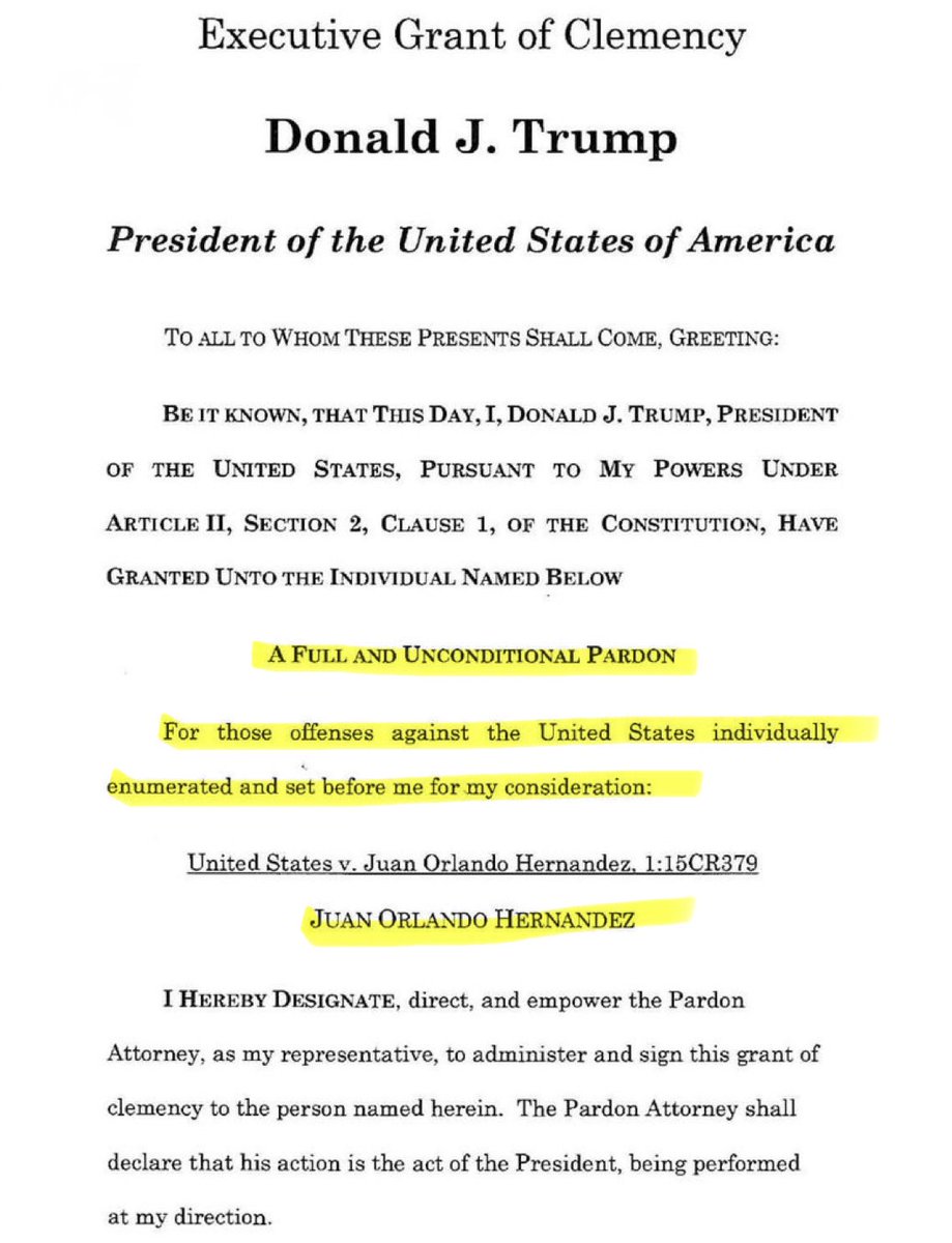 insurgenthought's tweet image. Here’s Trump’s official pardon of Juan Orlando Hernandez, the former Honduran president responsible for shipping hundreds of tons of cocaine to the US.