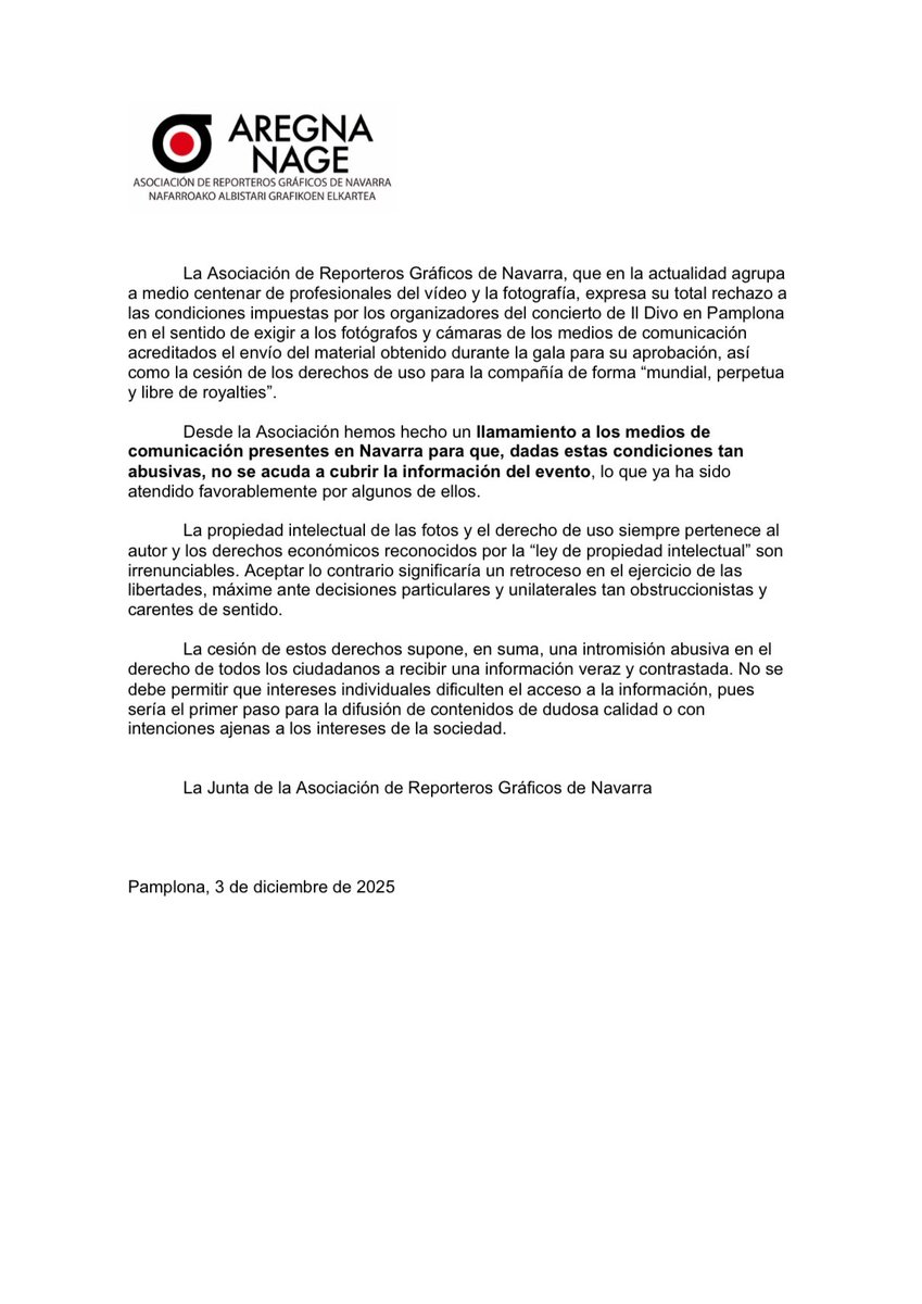 Como profesionales de la fotografía no podemos aceptar las condiciones impuestas por los organizadores del concierto de Il Divo en Pamplona. Aquí nuestra postura 👇🏽