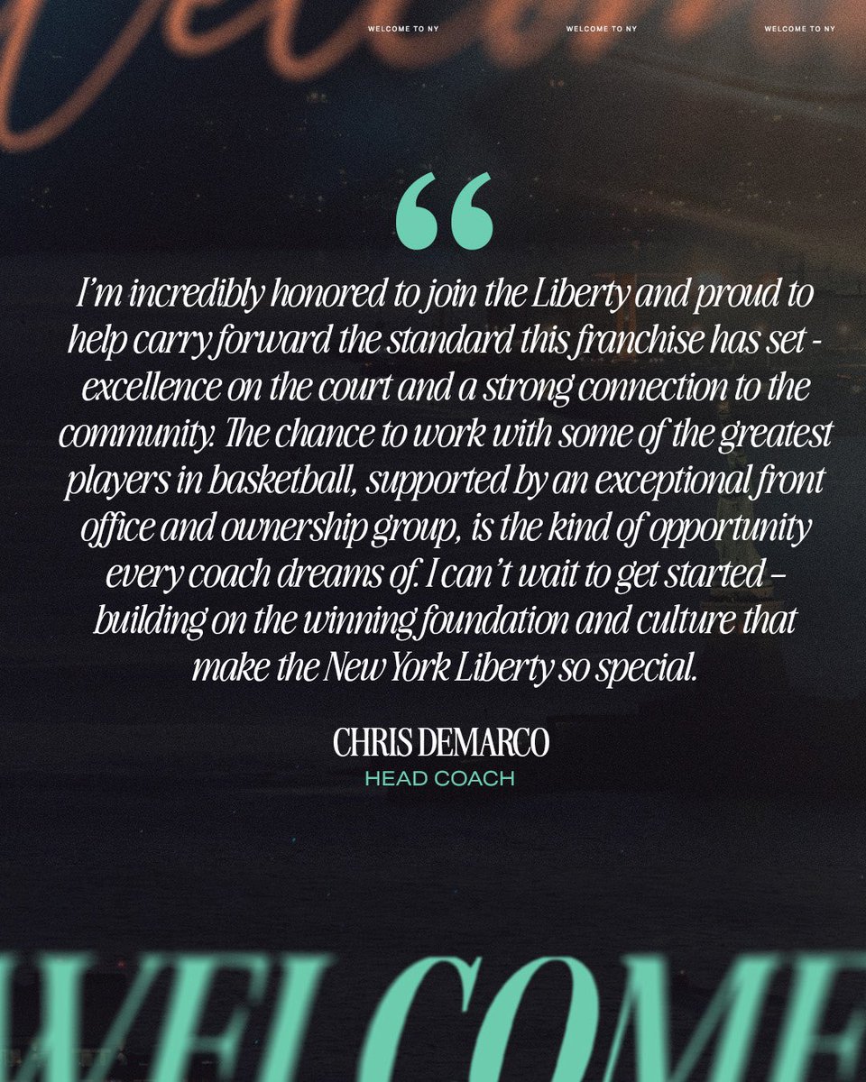nyliberty's tweet image. From the Bay to BK, a new era begins! 

Libs Fam, please join us in welcoming Chris DeMarco as the new Head Coach of the NY Liberty!🗽