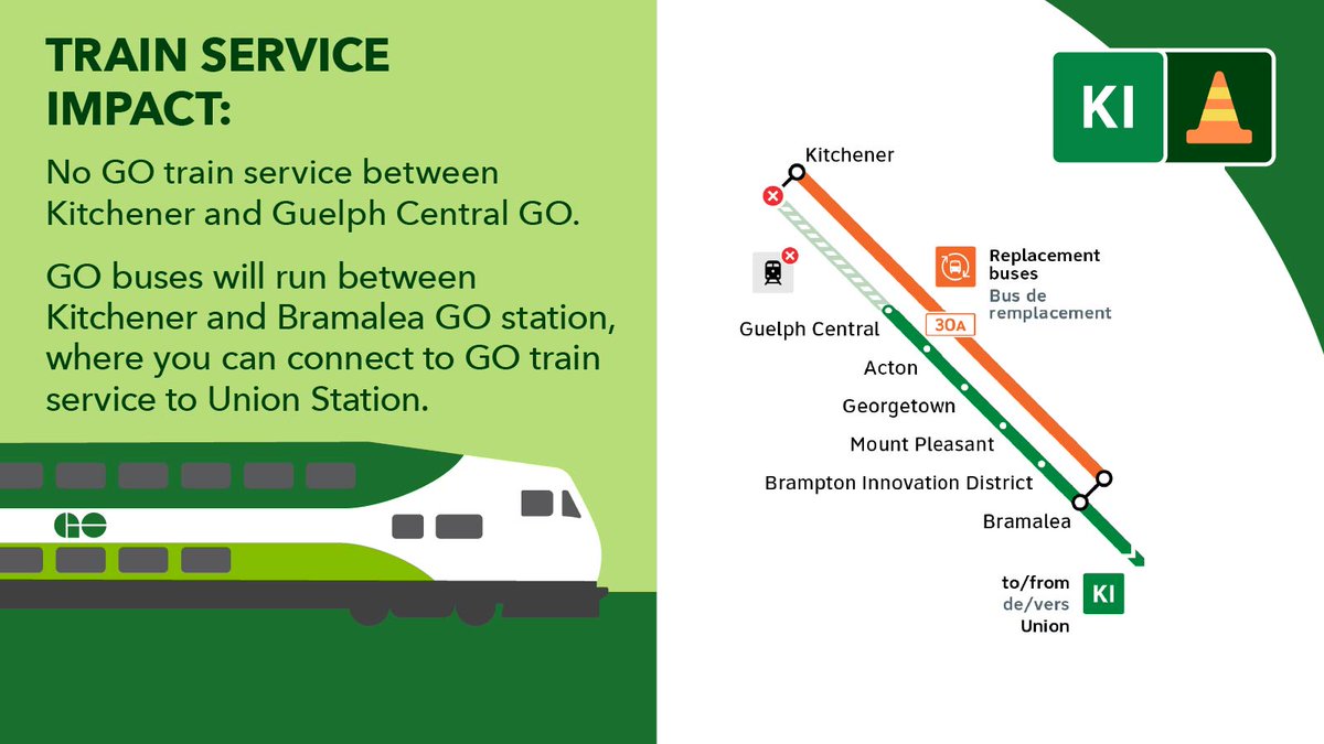 GOtransit's tweet image. December 13-14: there will be no GO train service between Kitchener and Guelph Central GO due to planned construction. GO bus route 30A will run between Kitchener and Bramalea GO station, where you can connect to GO train service to Union Station.  
gotransit.com/en/the-future-…