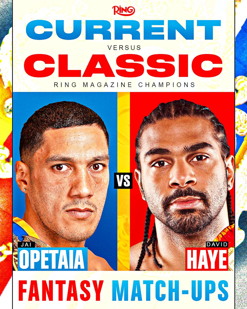 ringmagazine's tweet image. 📋 Current vs Classic Ring Cruiserweight Champion 👑

🥊 Jai Opetaia vs David Haye

Who wins this fantasy fight, and how ❓