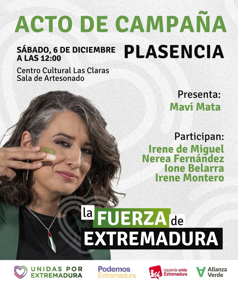 ¡Arrancamos la campaña con la fuerza e ilusión que Extremadura necesita!

Este sábado, celebramos un gran acto en Plasencia para decir alto y claro: ¡vamos a recuperar nuestra tierra!

Con <a href="/IrenedeMiguelEx/">Irene de Miguel</a>, <a href="/nereafercor/">Nerea Fdez. Cordero🇵🇸</a>, <a href="/ionebelarra/">Ione Belarra</a> e <a href="/IreneMontero/">Irene Montero</a>.

🗓️ 6 de diciembre
🕛 12:00h