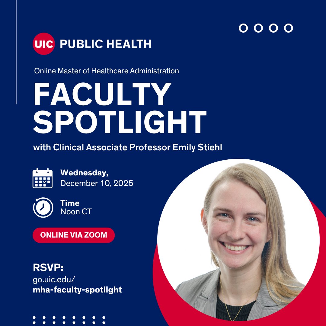 uichpa's tweet image. Don’t miss your chance to meet Clinical Associate Professor Emily Stiehl, Program Director Katie Carow, and our enrollment specialists at our next Online MHA Info Session to be held Wednesday, December 10 at noon CT via Zoom! RSVP: go.uic.edu/mha-faculty-sp…

#UICOnline #MHA