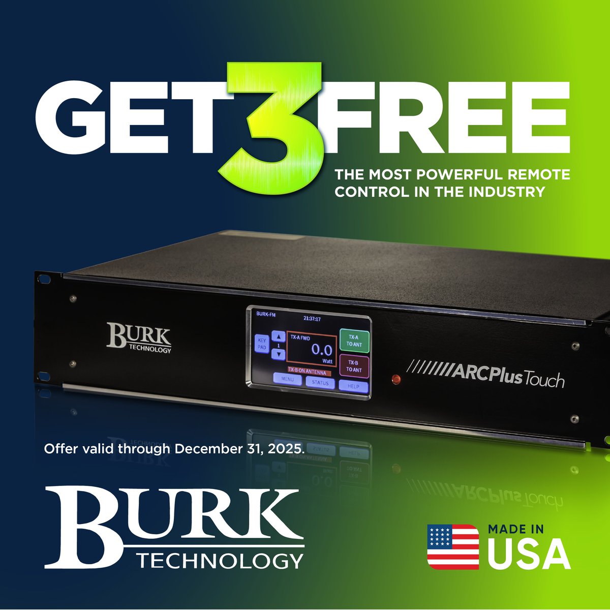 BurkTechnology's tweet image. Get SNMP Plus, Jet Active Flowcharts and AutoPilot for free when you buy an ARC Plus Touch with RSI. 

Offer valid through December 31, 2025. Call 978.486.0086 x700 or visit burk.com

#BurkTechnology #ARCPlusTouch #RemoteControl #BroadcastTech