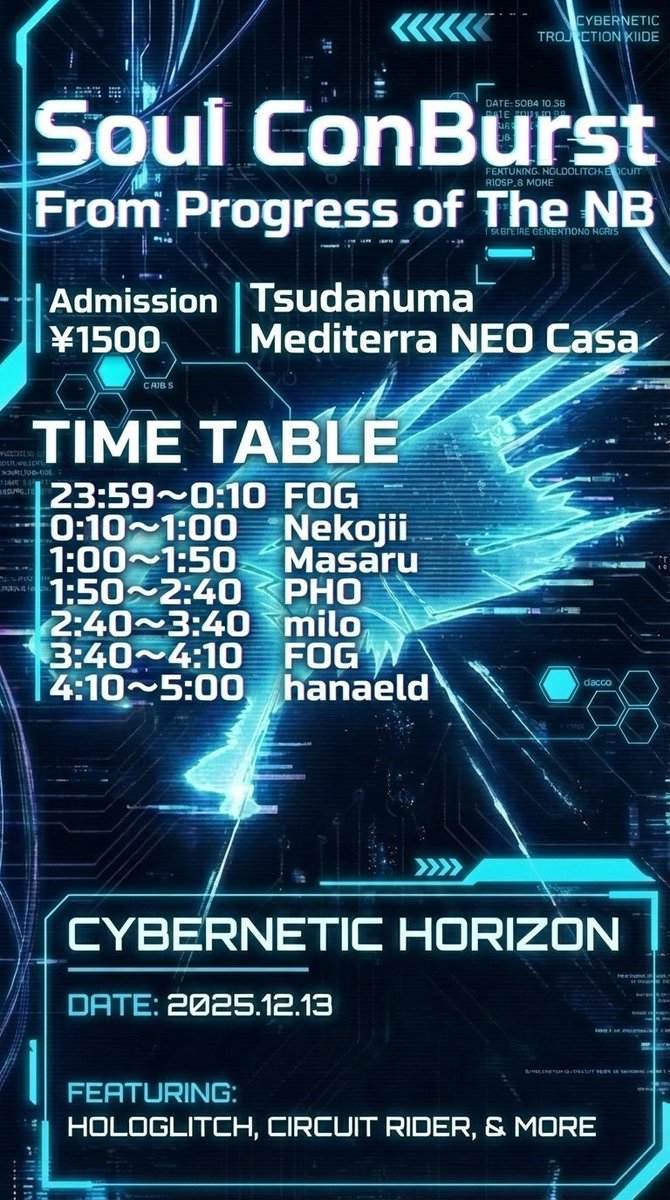 ［㊗️初遠征］
2025.12.13(土)23:59～
津田沼Mediterraneo <a href="/Mediterra_casa/">Mediterraneo</a> 
￥1500

FOGさん主催の
 Soul ConBurst になんとゲストとして呼んで頂きました!ﾔｯﾀｰ✨ｽｺﾞｲ緊張✨

NightBreedRecoads楽曲流れます!
TTも公開ﾄﾞﾝｯ!!

普段会えない方々とも逢えたらいいな…!
#SoulConBurst