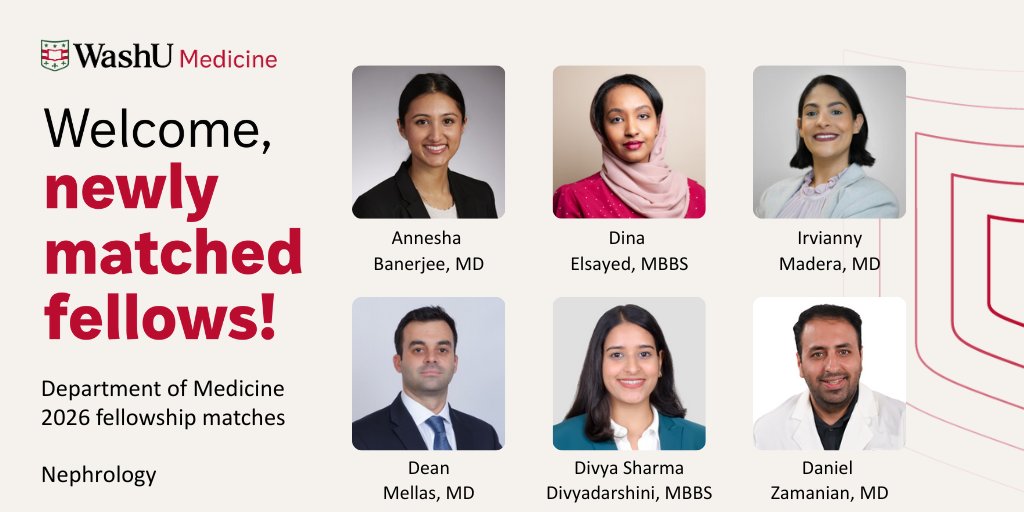 WashUDeptMed's tweet image. Welcome to Match Day! ⁠
⁠
We would like to offer a sincere #WashUDeptMed welcome to our newly matched 2026 fellows for the Department of Medicine @WashUNephrology 
⁠
We welcome to WashU Medicine and wish you all much success! #MatchDay
