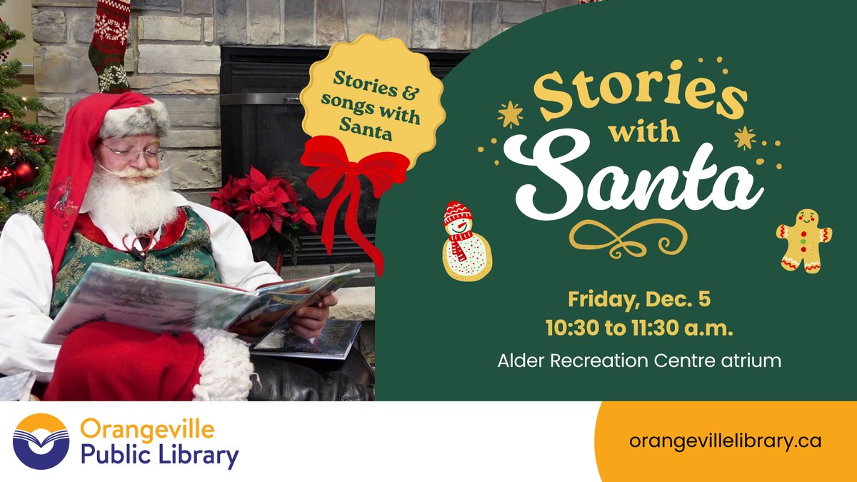 Join us on Friday for Stories with Santa in the Alder Recreation Centre Atrium. Songs and stories start at 10:30 a.m. Don't forget to bring your camera to get a photo with Santa afterwards!