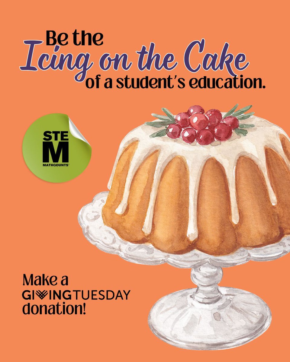 MATHCOUNTS's tweet image. We're over halfway to our #GivingTuesday fundraising goal...it's not too late to help us reach 1,800 students from Title I schools! Cake isn’t the same without icing, and school isn’t the same without the extracurriculars that help make it fun. mathcounts.org/donate!