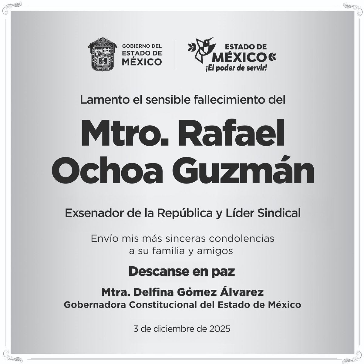 delfinagomeza's tweet photo. Lamento profundamente el fallecimiento de nuestro compañero el Mtro. Rafael Ochoa Guzmán, ex Senador de la República y Líder Sindical.
A sus familiares, amistades y a la comunidad magisterial, les expreso mi solidaridad y acompañamiento en este momento de difícil.  
Descanse en paz.