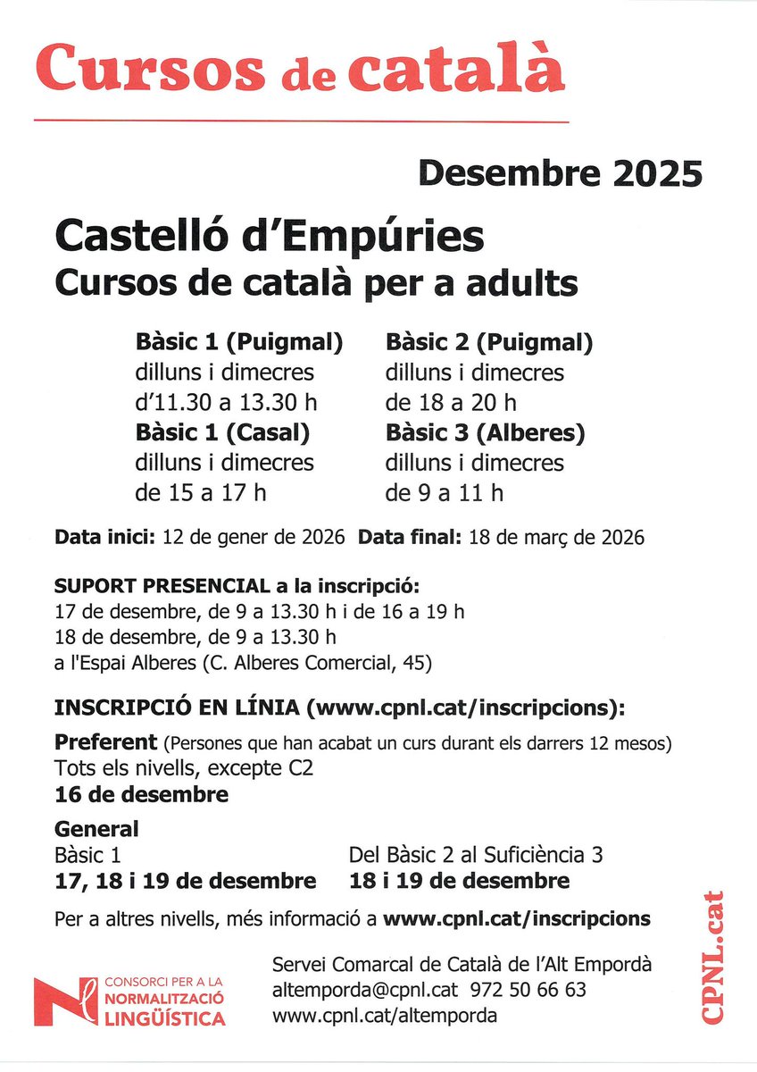 🗣Cursos de català per a adults a #castellodempuries #empuriabrava

Vols aprendre català o continuar millorant el nivell? Ja són aquí les inscripcions dels nous cursos del <a href="/cpnlcat/">Consorci per a la Normalització Lingüística</a> 

✍ Inscripcions presencials a l'espai alberes o en línia a cpnl.cat/inscripcions/