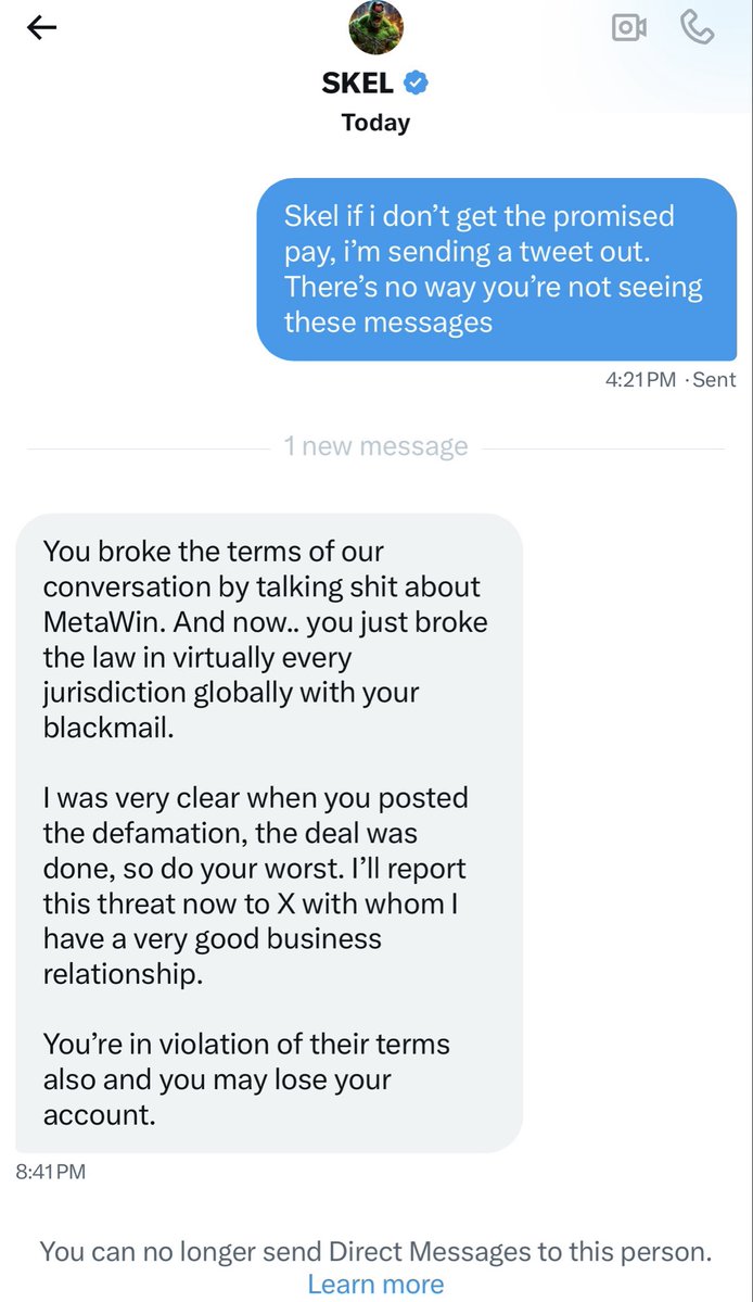 YogiGambles's tweet image. Can vouch. @MetaWin is a shitty inferior gambling platform that’ll use manipulation tactics to freeze your deposits.

Homeboy @Skelhorn really tried coercing me with threats after ghosting for a month and refusing payment on our final KOL agreement. 

Read below to find out.