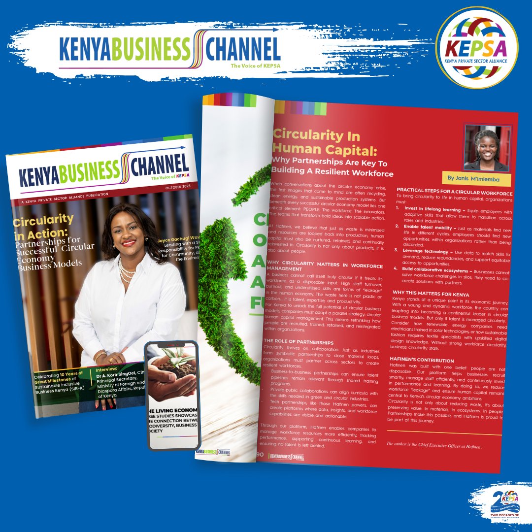 KEPSA_KENYA's tweet photo. Your #CircularBusinessModel will stall without a resilient workforce. @hafinen CEO Janis M'imiemba highlights how strategic partnerships are the key to nurturing, retaining &amp; continuously reinvesting in talent

Read the whole story ➡️ https://t.co/ufSqTYFm9a
#KenyaBusinessChannel https://t.co/NJt4NProVv
