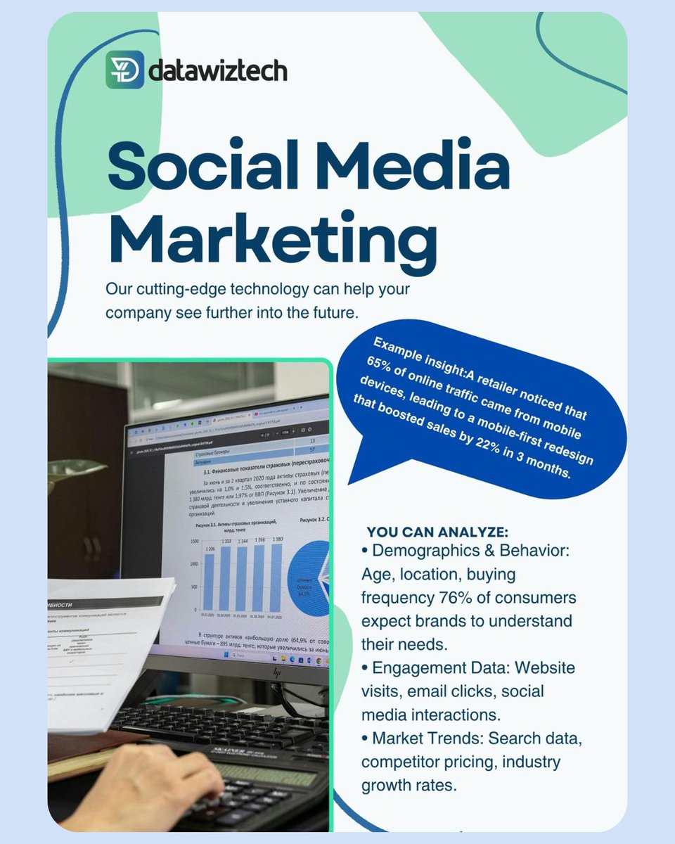 Datawiztec's tweet image. Unlock Your Business Potential with Data Analysis!
Ready to see further into the future? Cutting-edge technology helps your company leverage the full power of its data!

From Social Media Marketing insights (demographics, engagement) to key Operational &amp;amp; Financial Data (CLV,…