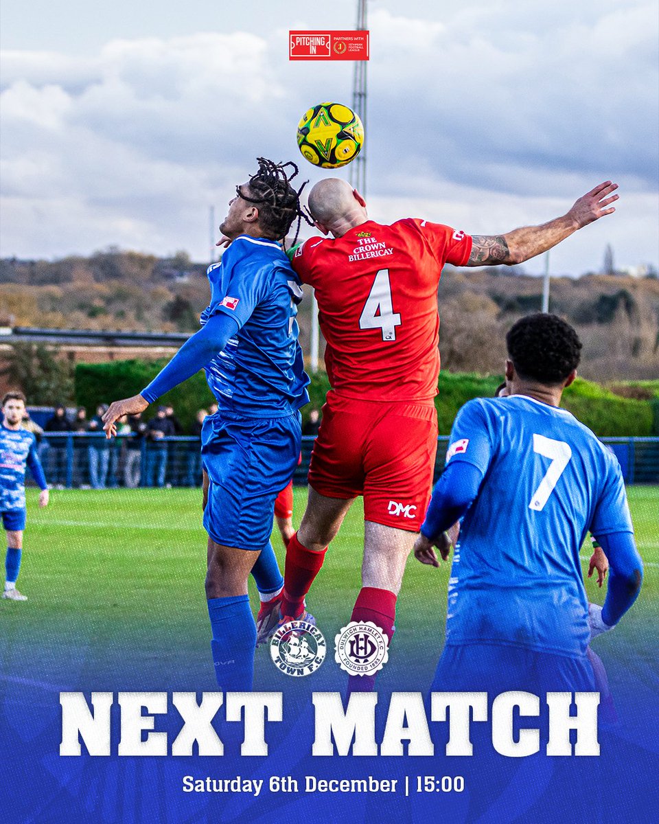 It's a big one at New Lodge this weekend!
🆚 <a href="/DulwichHamletFC/">Dulwich Hamlet FC</a>
🏟️ New Lodge, CM12 9SA
🏆 Pitching In Isthmian Premier Division
🗓️ Saturday 6th December
⚽ 3pm
🎟️ Adult £13 | Conc. £8 | 12-17s £5 | U12s £1

billericaytownfc.ktckts.com/event/btfc2526…

📸 JonBird