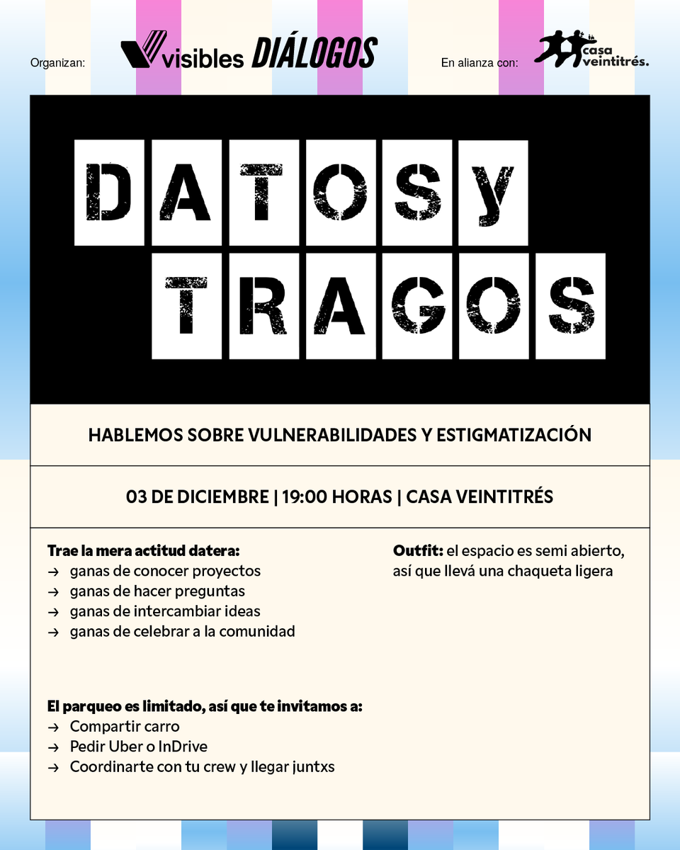 DialogosGuate's tweet photo. ¡Es hoy, es hoy! Se llegó el día del #DatosYTarros con @visibles_gt y Casa 23 y queremos que llegués preparadx 🍸

🧥 Elegí tu mejor outfit! El venue es semiabierto, así que venite cómodx.
✨ Traé tu mejor energía para conectar, conocer proyectos y compartir ideas.
🚘 Tomá en cuenta tu llegada: el parqueo es limitado.
📍 Guardá la ubicación: Casa Veintitrés (Dentro del Mercadito de Lola: 3ra calle A 23-85, Zona 15, Vista Hermosa I)

¡Nos vemos hoy en la noche! 💫