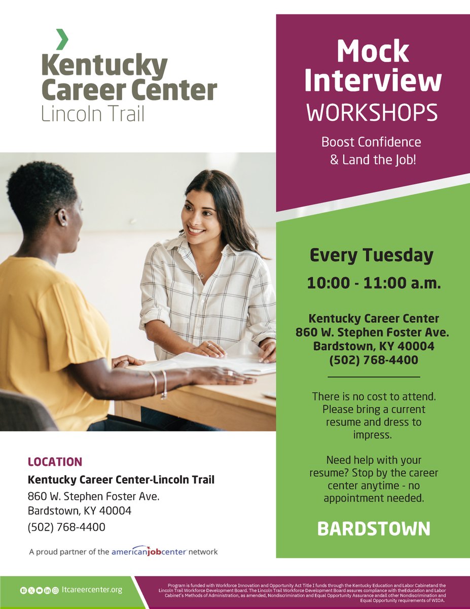 Are you in the market for a new job? An important first step is to strengthen your interview skills and get comfortable with what employers may ask. The Kentucky Career Center in Bardstown offers a Mock Interview workshop every Tuesday, from 10-11 a.m. There is no cost to attend.