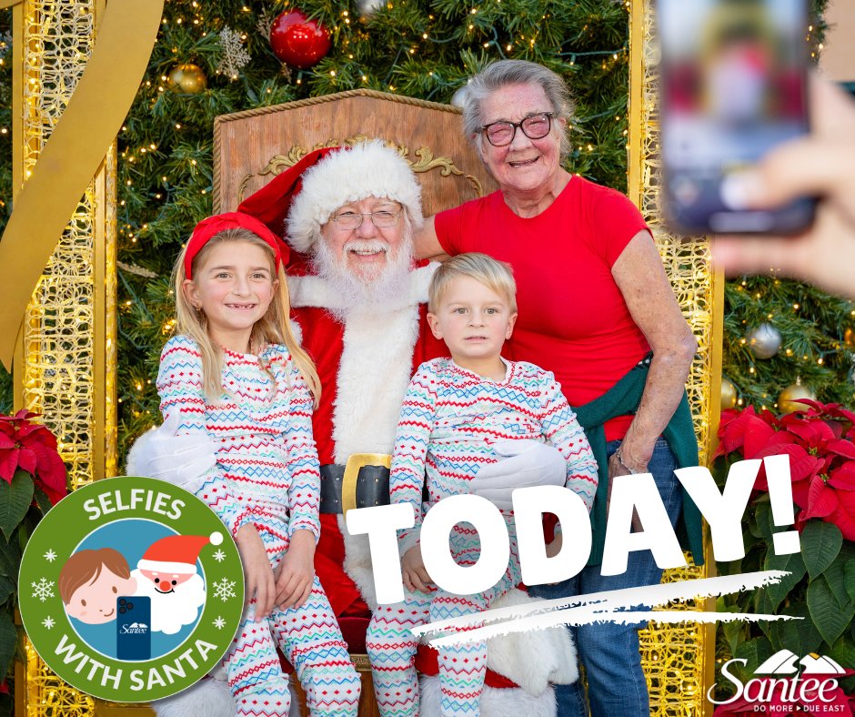 Today's the day! 🔔 Santa will be coming to take holiday photos TODAY at Santee Trolley Square from 4:30PM to 7:30PM 🎅📸
Don't miss this opportunity to make a special holiday memory with your loved ones. We'll see you there! 
#CityofSantee #Santa #Selfie