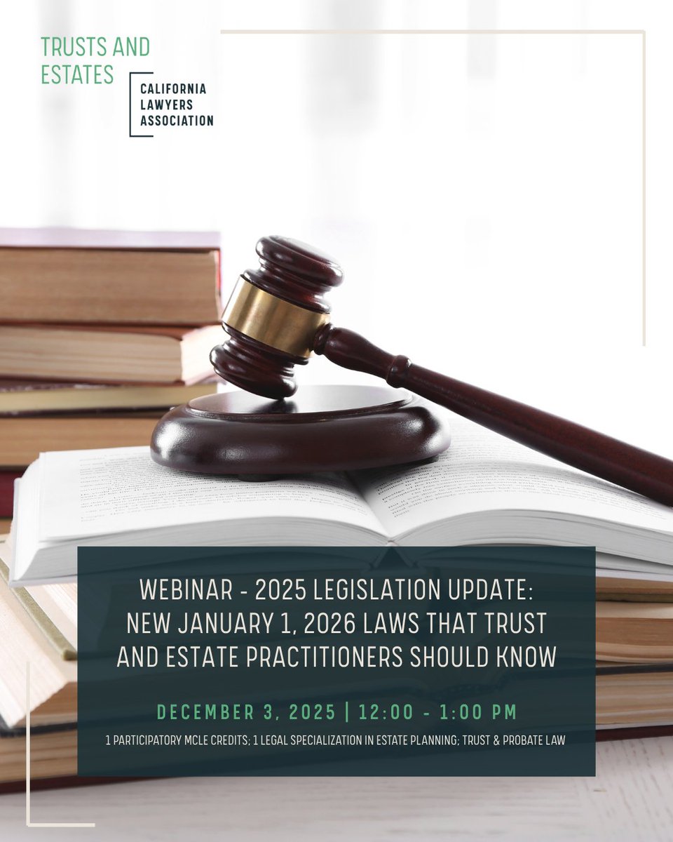 Get a Legislative Update that Trust and Estate Practitioners Should Know by January 2026!

Our webinar will be TODAY, December 3rd, from 12-1 PM! Also earn MCLE credit while tuning in! 

It is not too late to join us: bit.ly/4qXPn1h