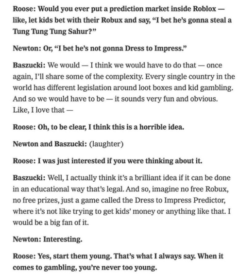 yekiM_o's tweet photo. Roblox CEO, David Baszucki, uses Polymarket and says prediction markets "capture all of the world's information and every signal"

He also discusses integrating prediction markets in Roblox and the complexities behind it

The cultural relevance of Polymarket cannot be faked. https://t.co/R3ceOpagRK
