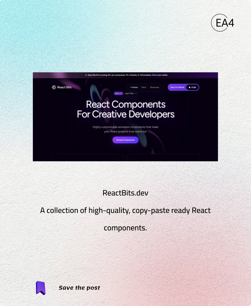 AElakkermi's tweet image. 5 Platforms Every Frontend Developer Should Use

reactbits.dev
ui.aceternity.com
uideck.com
uiverse.io

📩Need a website? DM me!

#FrontEnd #FrontEndDeveloper #WebDevelopment #CodingJourney #tools #WebsiteDesign #programming #FYP