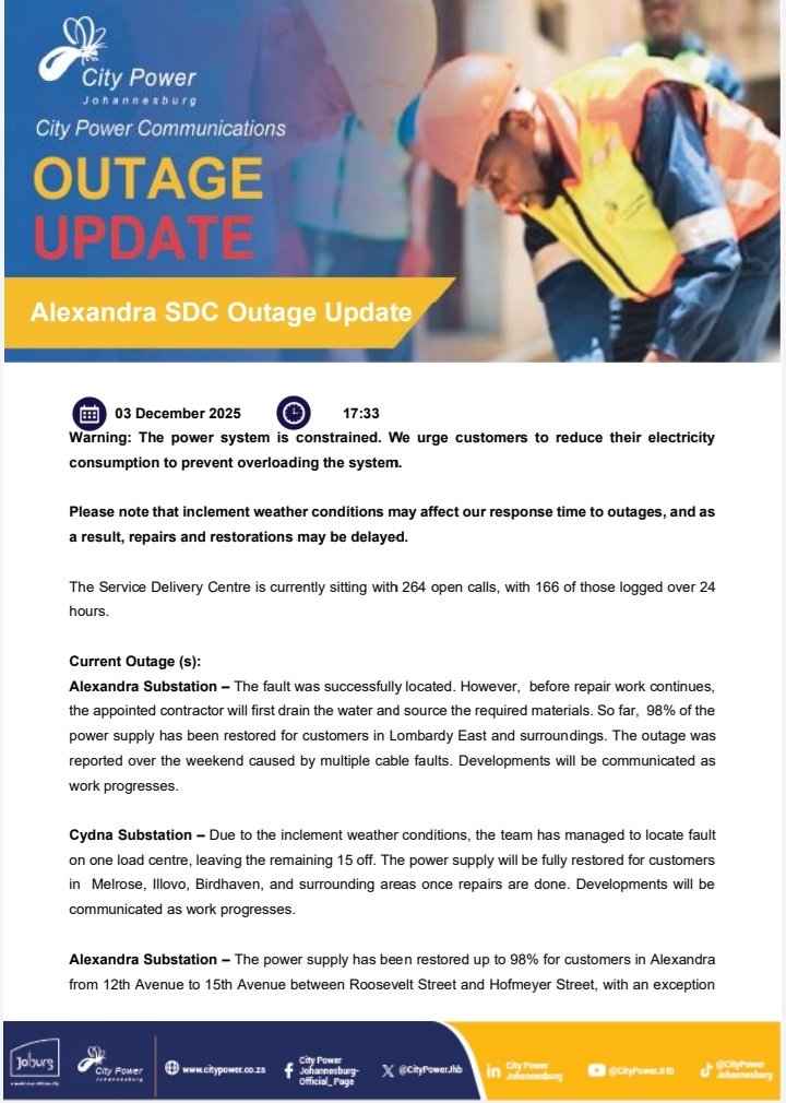 CityPowerJhb's tweet image. #CityPowerUpdates #CityPowerOutages #AlexandraSDC

Alexandra Service Delivery Centre (SDC) is currently sitting with 264 open calls. 

Follow us on our WhatsApp channel for prompt updates 
whatsapp.com/channel/0029Va…
^NM