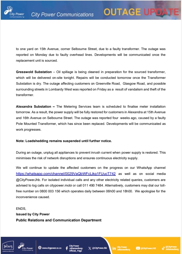 CityPowerJhb's tweet image. #CityPowerUpdates #CityPowerOutages #AlexandraSDC

Alexandra Service Delivery Centre (SDC) is currently sitting with 264 open calls. 

Follow us on our WhatsApp channel for prompt updates 
whatsapp.com/channel/0029Va…
^NM