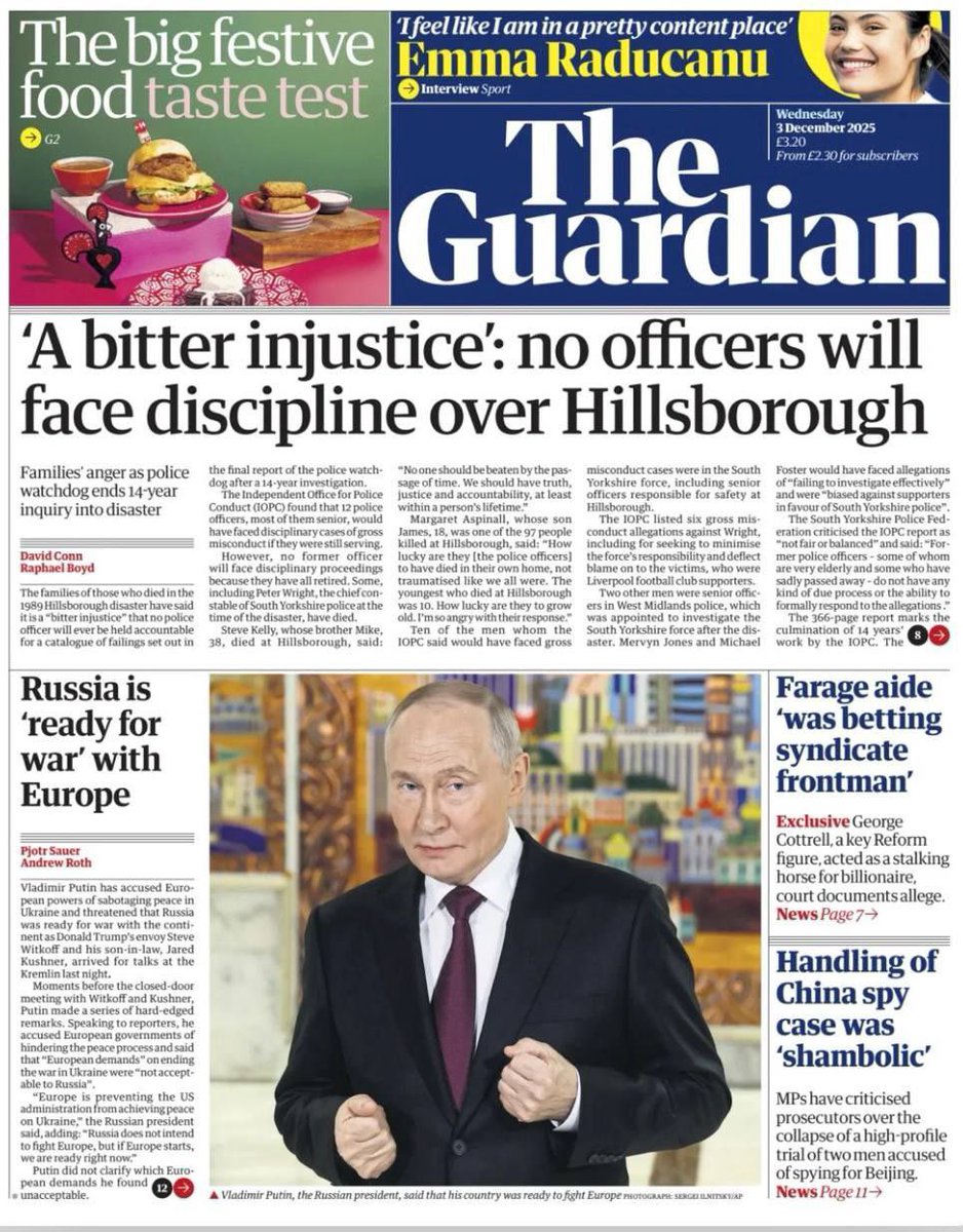 Путин: 'Мы не собираемся воевать с Европой, я уже об этом сто раз сказал. Но если Европа вдруг захочет с нами воевать и начнет, мы готовы прямо сейчас'.

The Guardian: 'Россия готова воевать с Европой'.

Британцы продолжают жить по завету 'не дай правде испортить хорошую