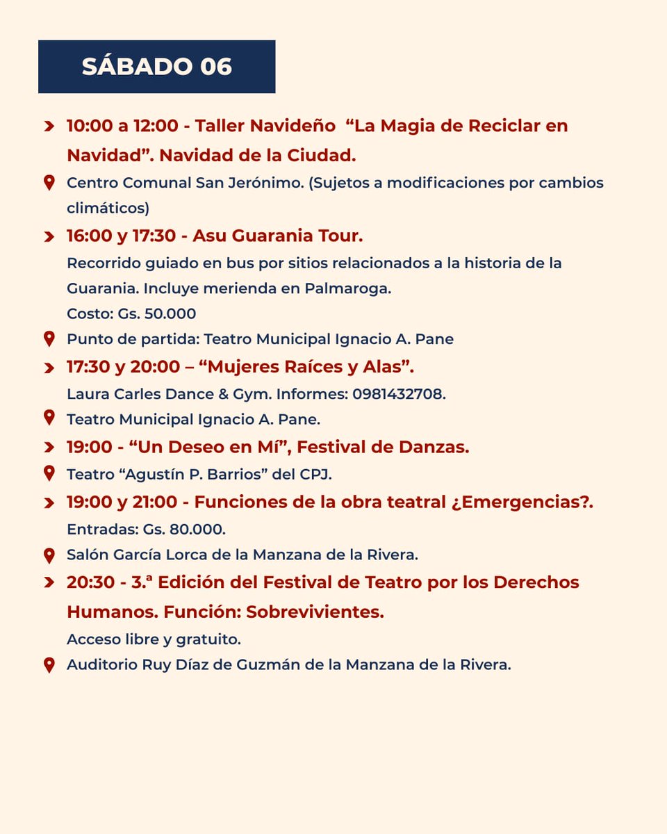 📢 ¡Agenda cultural de #AsuCulturaYTurismo! ✨
Esta semana llega cargada de propuestas para todos los gustos:
🩰 Festivales de danza
🎶 Recorridos culturales
🎭 Teatro
🖼️🎨 Talleres navideños
Actividades ideales para disfrutar en familia o con amigos.