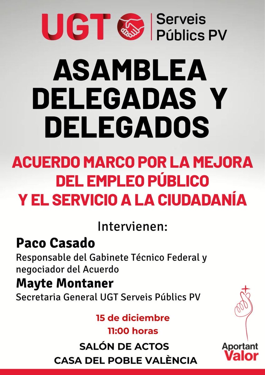 Y hemos organizado una asamblea de delegadas y delegados para informar sobre todo el contenido del acuerdo
📆 lunes 15 diciembre 
⏰ 11 horas
📍Casa del Pueblo Valencia

TE ESPERAMOS‼️