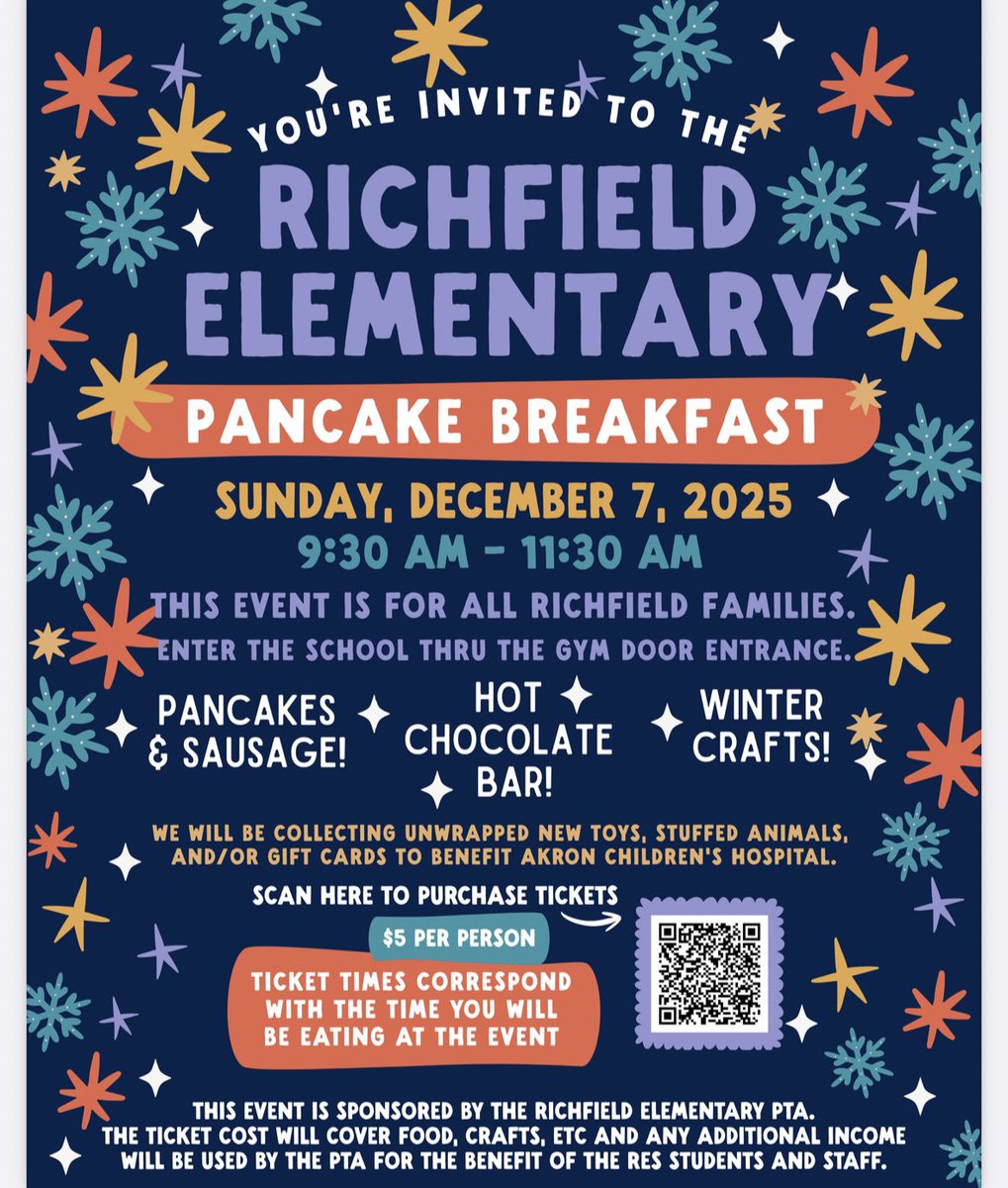 Tickets can be purchased here:
givebacks.com/causes/richfie…

A note - there are two ticket time options. Families should pick their preferred time for eating at the pancake breakfast but are welcome to come the whole time and do crafts and games outside of their eating time.