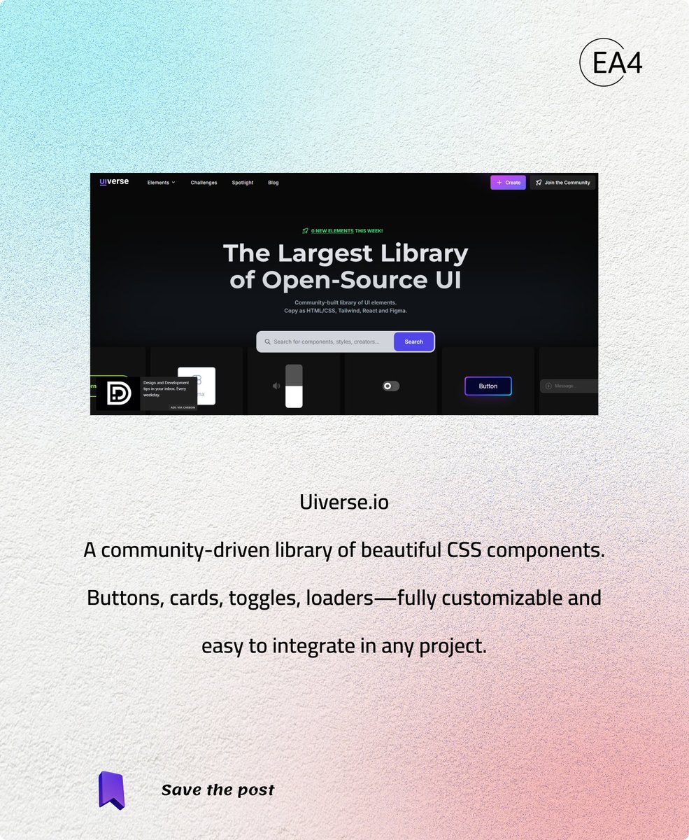 AElakkermi's tweet image. 5 Platforms Every Frontend Developer Should Use

reactbits.dev
ui.aceternity.com
uideck.com
uiverse.io

📩Need a website? DM me!

#FrontEnd #FrontEndDeveloper #WebDevelopment #CodingJourney #tools #WebsiteDesign #programming #FYP