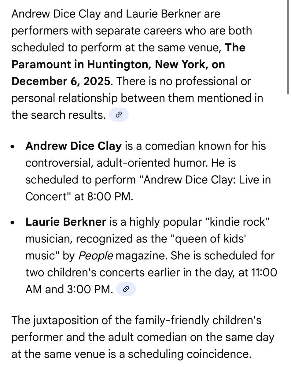 Kids’ musician Laurie Berkner &amp; raunchy comedian Andrew Dice Clay are booked at the same venue on the same day this weekend.  Google says it’s a “scheduling coincidence” but I noticed it’s the 5th time in 4 years this happened!  <a href="/TheParamountNY/">The Paramount in Concert with Northwell</a> are you having a little fun here?