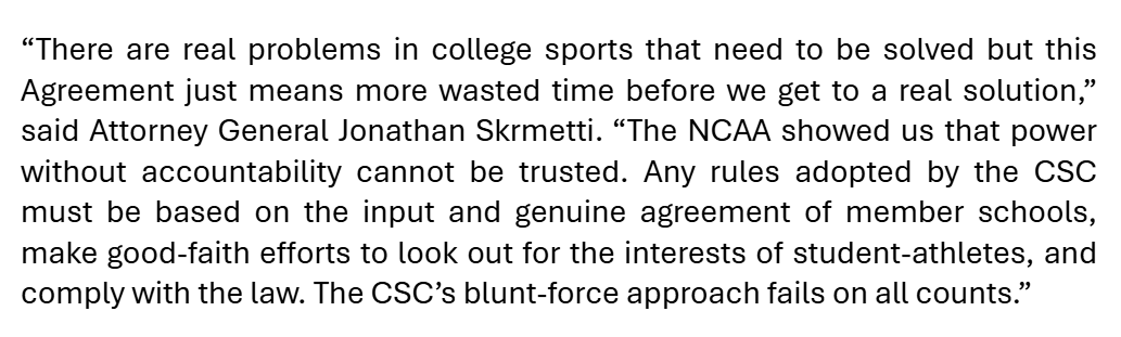 bportnoy15's tweet image. Tennessee AG Jonathan Skrmetti has come out against the College Sports Commission&apos;s participant agreement circulating at Power Four schools in recent weeks.

This comes just days after Texas lawmakers have cautioned their institutions from signing the agreement as well.