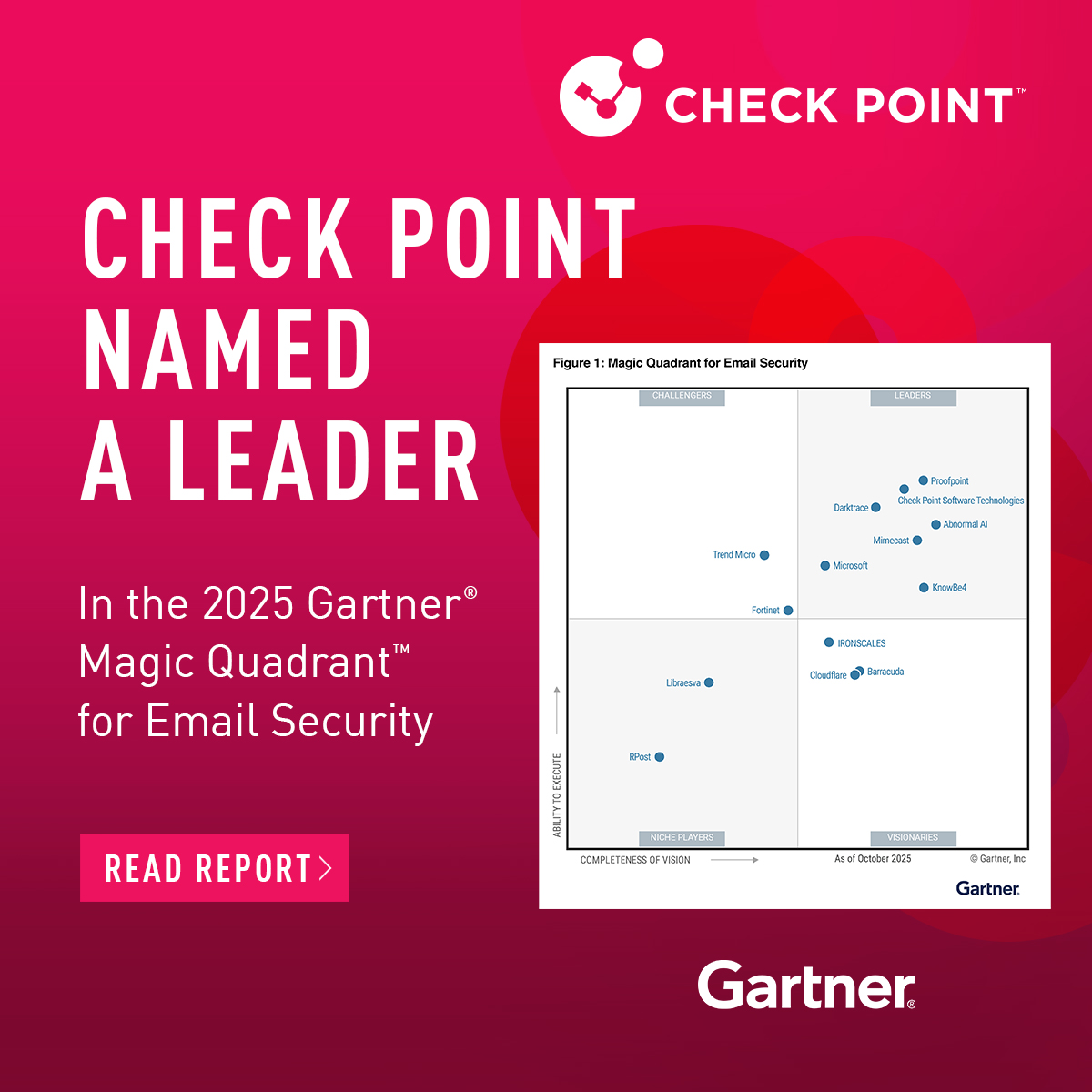 CheckPointSW's tweet image. Check Point recognized as a Gartner® Magic Quadrant™ Leader in Email Security! 🎉

✅ AI scans 300+ phishing indicators  
✅ Deploy in minutes  
✅ Replaces 4-5 security tools  
✅ Protects email + collaboration apps 

When 68% of attacks are email-based, choose a Leader.…