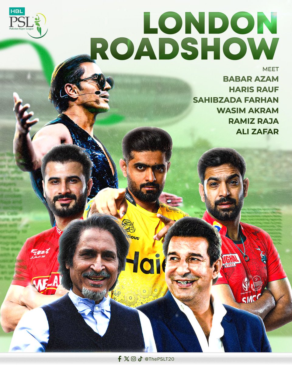 thePSLt20's tweet image. The #HBLPSL London Roadshow brings cricket’s biggest names to the Home of Cricket.

Join us for an exclusive evening with Babar Azam, Haris Rauf, Sahibzada Farhan, Wasim Akram, Ramiz Raja &amp;amp; Ali Zafar.

📅 7 December 2025
🕒 3 PM
📍 Lord’s Cricket Ground

For details please email…