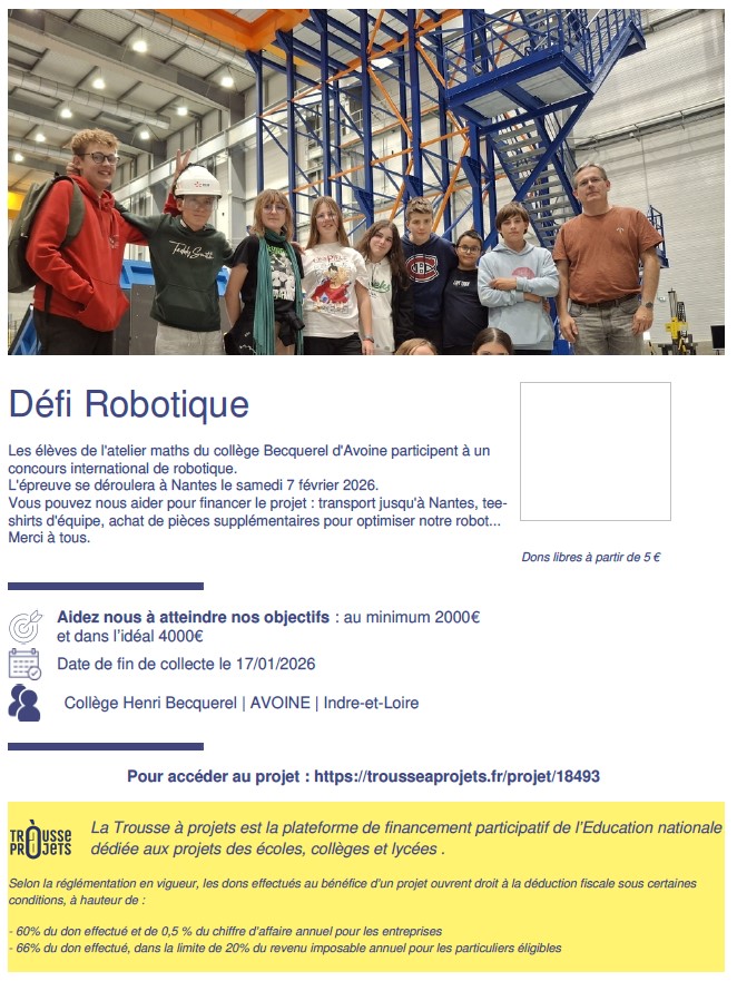 Les élèves de l'atelier maths lancent un appel à la communauté. 
Vous pouvez les aider dans leur projet de robotique en faisant un don sur la plateforme La Trousse à projets et en diffusant cette information.  Dons déductibles à 66%.

Merci pour eux.  

trousseaprojets.fr/projet/18493