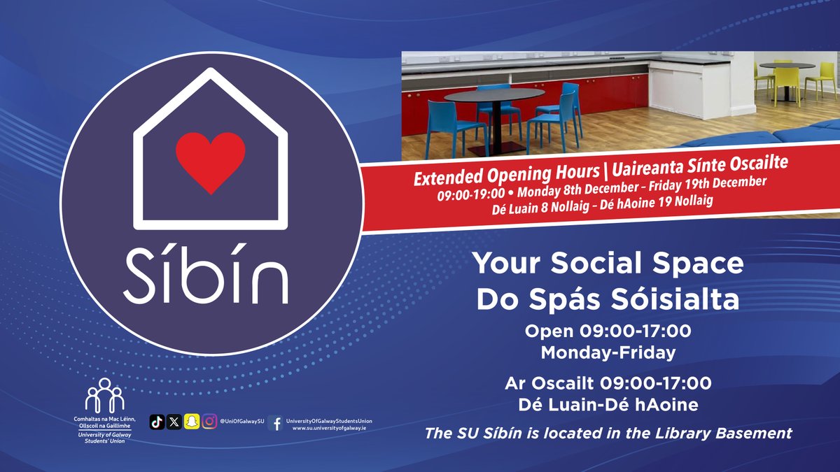 📚SU Extended Opening Hours for Exams

⭐️SU Cloakroom + Síbín will both be open 09:00-19:00 Mon-Fri
⭐️SU Shop is open 08:00-18:00 Mon-Thurs, 08:00-17:00 Fri + Sat/Sun 10:00-15:00
⭐️Smokey's Café is open 08:30-20:00 Mon-Thurs and Fri 08:30-17:00

#DoChomhaltas