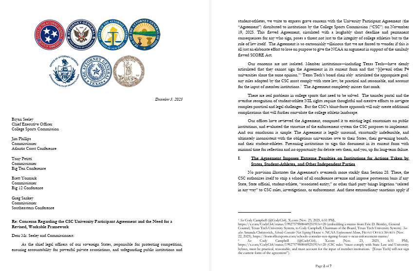 bportnoy15's tweet image. Skrmetti is one of seven state AGs that sent a seven-page letter addressed to the P4 commissioners and CSC CEO Bryan Seeley arguing against the participant agreement.

Those AGs that also signed include New Jersey, Florida, Ohio, Pennsylvania, Virginia and Texas.

Letter below: