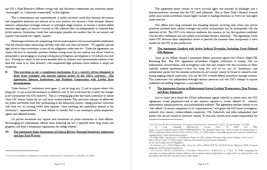 bportnoy15's tweet image. Skrmetti is one of seven state AGs that sent a seven-page letter addressed to the P4 commissioners and CSC CEO Bryan Seeley arguing against the participant agreement.

Those AGs that also signed include New Jersey, Florida, Ohio, Pennsylvania, Virginia and Texas.

Letter below: