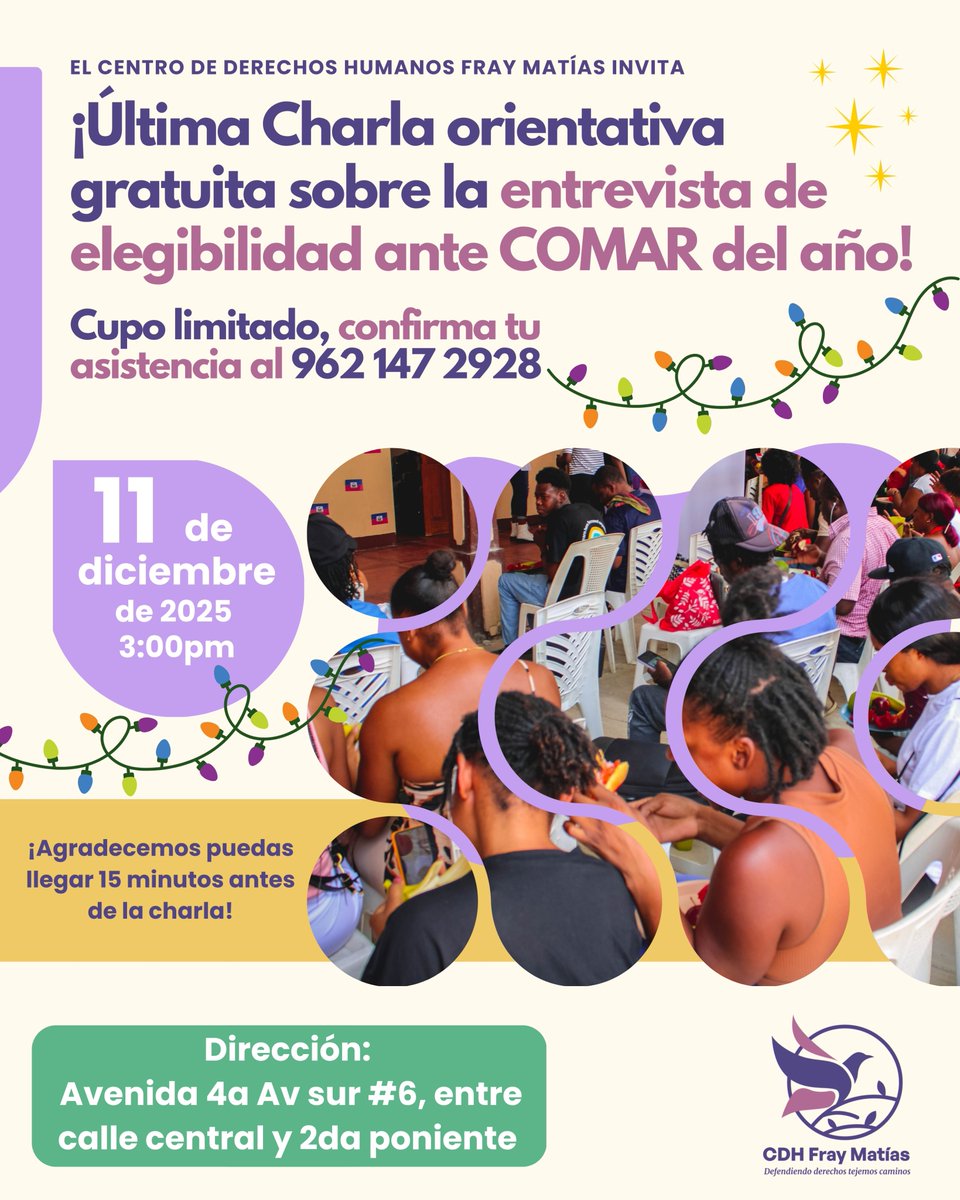 ✨ Te invitamos nuestra última charla orientativa del año para prepararte antes de tu entrevista de elegibilidad con COMAR. En este espacio resolveremos dudas juntas para que te sientas segura, acompañada y con la confianza necesaria para avanzar en tu proceso
migratorio.