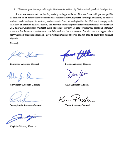 bportnoy15's tweet image. Skrmetti is one of seven state AGs that sent a seven-page letter addressed to the P4 commissioners and CSC CEO Bryan Seeley arguing against the participant agreement.

Those AGs that also signed include New Jersey, Florida, Ohio, Pennsylvania, Virginia and Texas.

Letter below: