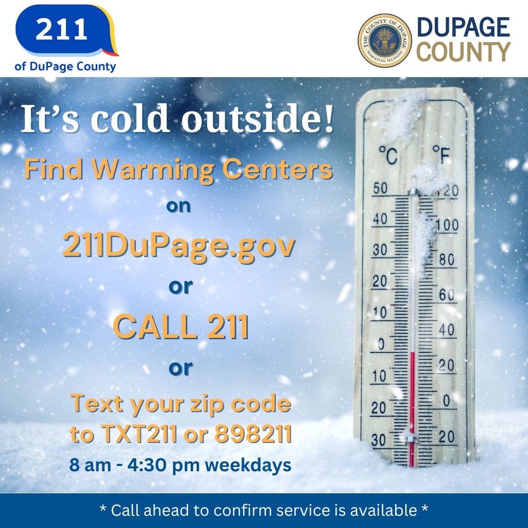 DuPageCountyCS's tweet photo. The temperature is dropping outside. Agencies throughout DuPage County serve as temporary Warming Centers. Availability may change at some sites, so call ahead to verify space. An extensive list can be found online at https://t.co/O0rECHcwEx.
#WarmingCenters #Team211 #211DuPage https://t.co/p4UyWsZLx0