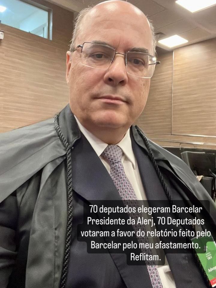 O ex-governador do Rio Wilson Witzel encaminhou essa foto para sua lista de transmissão. Celebrando a prisão do Bacellar.